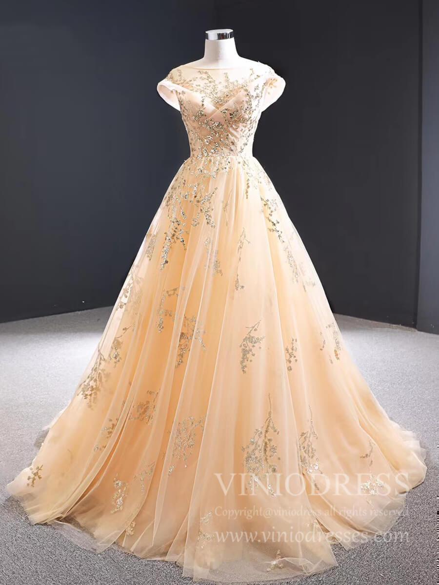 Cap Sleeve Champagne Prom Dresses Sparkly Gold Sequin Appliqued Formal Dress FD1802-prom dresses-Viniodress-Champagne-Custom Size-Viniodress