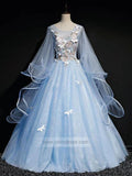 Cape Sleeve Light Blue Ball Gown Prom Dresses Long FD1041