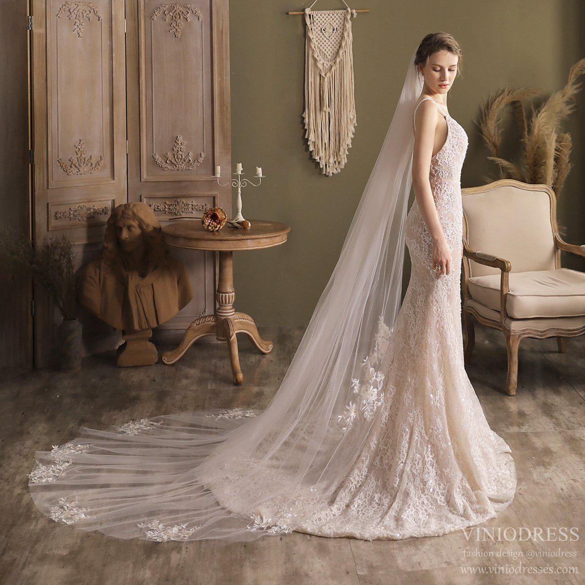 Cathedral Length Bridal Veil Lace Appliqued-Accessories 2025 -Viniodress-Ivory-