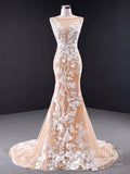 Champagne Lace Mermaid Wedding Dresses Corset Back Bridal Dress VW1534