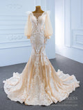 Champagne Mermaid Lace Wedding Dresses with Long Puff Sleeves VW1806