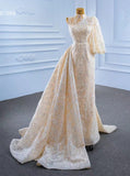 Champagne Overskirt Wedding Dresses with Sleeves VW67268