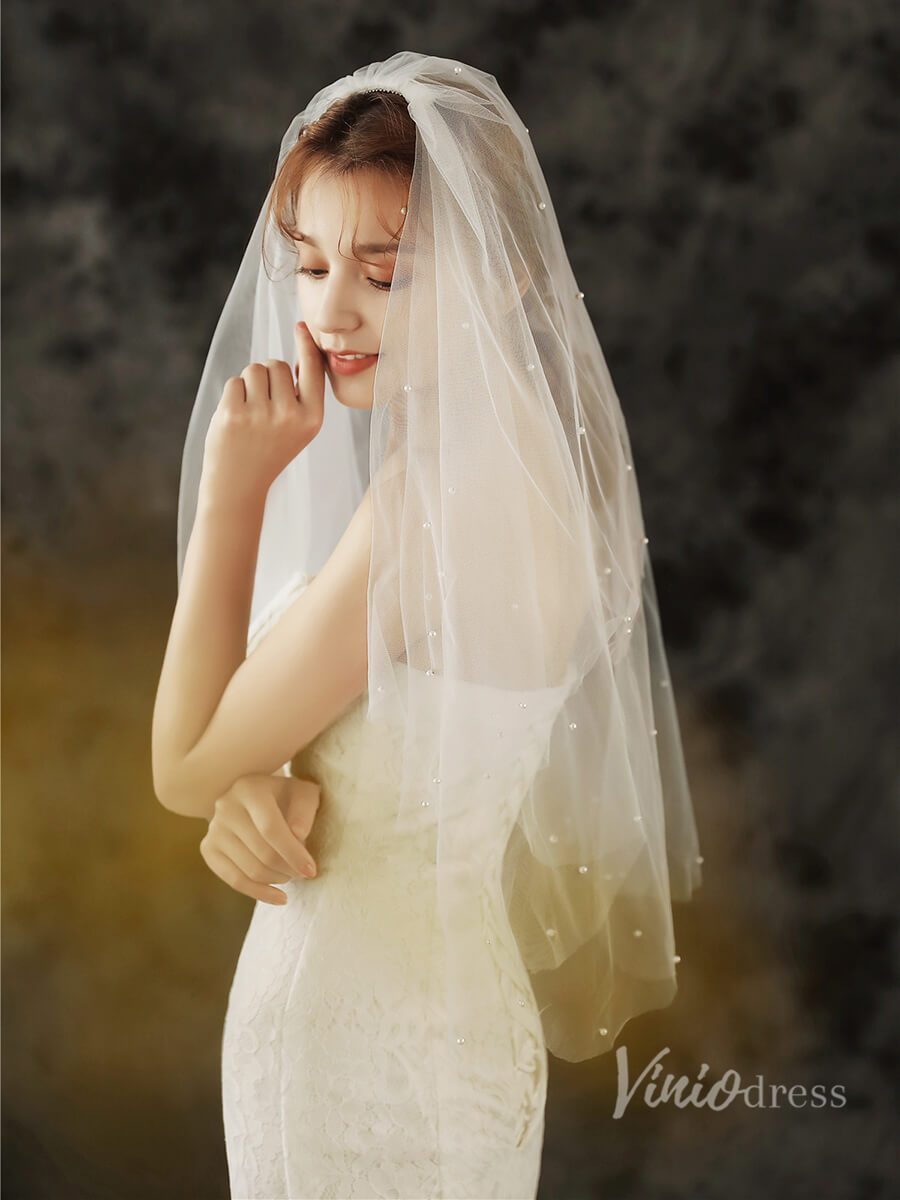 Cheap Blusher Veil Pearl Bridal Veil Viniodress TS1924-Veils-Viniodress-Ivory-Viniodress