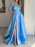 Cheap Light Blue Satin Prom Dresses with Pockets FD2541
