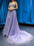 Cheap Long Lavender Prom Dresses Lace Applique Evening Dress FD1132