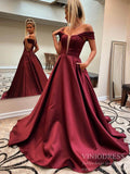 Cheap Off the Shoulder Burgundy Satin Prom Dresses with Pockets FD2073