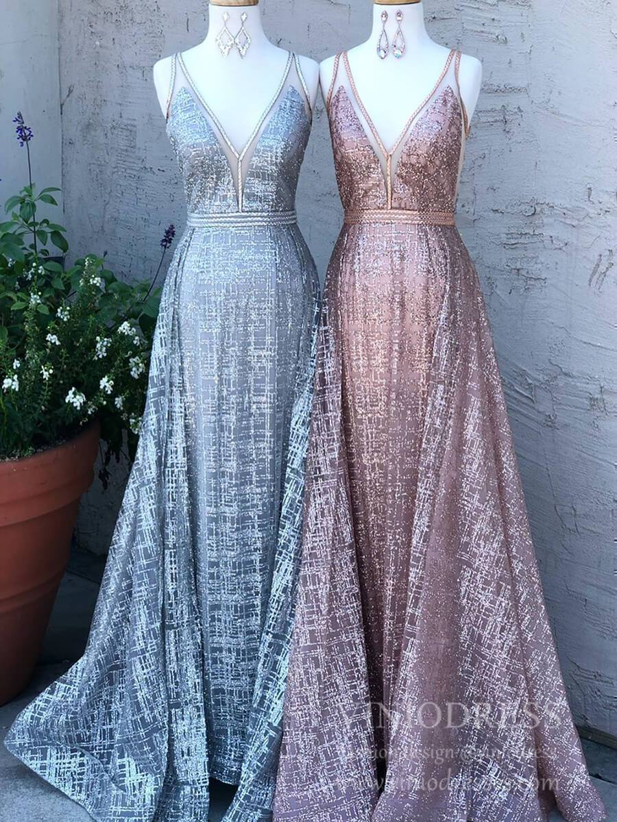 Cheap Plunging V-Neck Shiny Rose Gold Prom Dresses Long FD1781-prom dresses-Viniodress-Grey-Custom Size-Viniodress