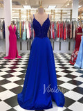 Cheap Royal Blue Spaghetti Strap Prom Dresses with Side Slit FD1570