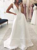 Cheap Simple Satin Wedding Dresses Plunging V-neck Bridal Dress VW1324