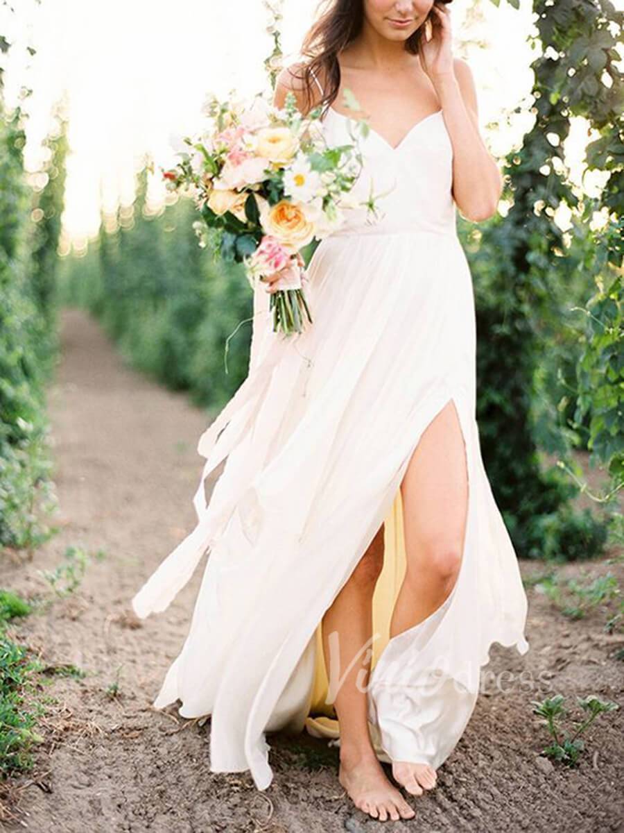 Cheap Spaghetti Strap Chiffon Beach Wedding Dresses with Slit VW1248-wedding dresses-Viniodress-Ivory-Custom Size-Viniodress