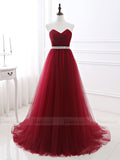 Cheap Strapless Burgundy Long Tulle Prom Dresses with Corset Back FD1623
