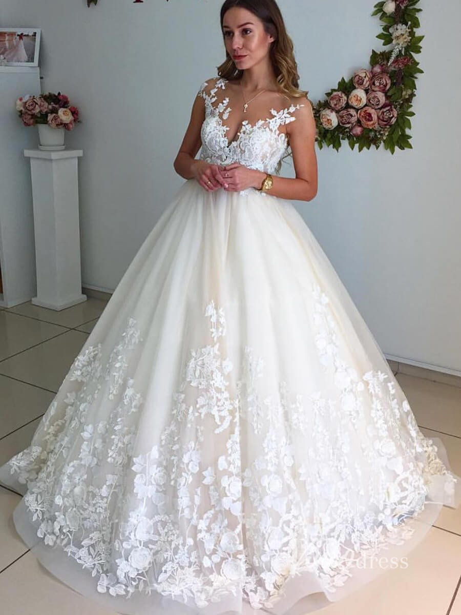 Classy Lace Appliquéd Ball Gown Wedding Dress | Illusion Neck Tulle Bridal Gown with Open Back VW2109-wedding dresses 2025 -Viniodress-Ivory-Custom Size-