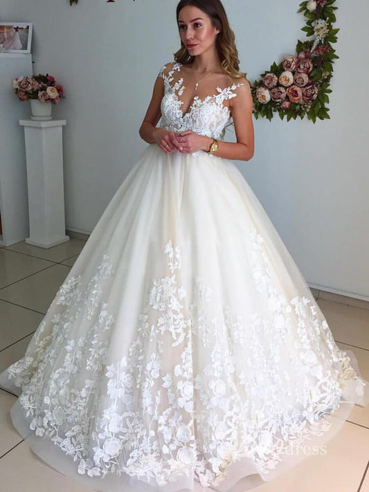 Classy Lace Appliquéd Ball Gown Wedding Dress | Illusion Neck Tulle Bridal Gown with Open Back VW2109-wedding dresses 2025 -Viniodress-Ivory-Custom Size-