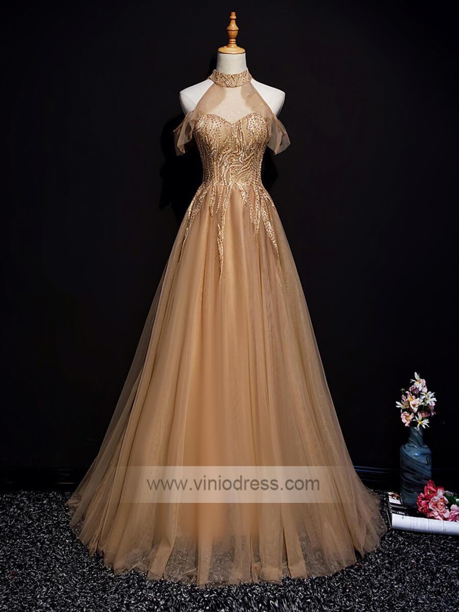 Cold Shoulder Dark Gold Prom Dresses Halter Neck FD1454-prom dresses-Viniodress-Gold-Custom Size-Viniodress