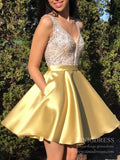 Crystal Beaded Gold Homecoming Dresses with Pockets SD1150