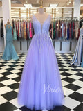 Crystal Beaded Lavender Tulle Prom Dresses Long V Neck FD1571