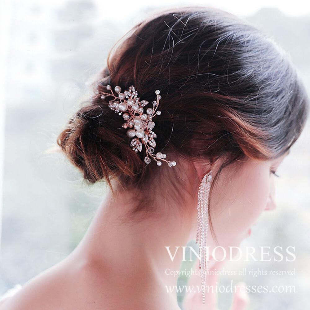 Crystal Beads Bridal Comb with Pearls AC1042-Headpieces-Viniodress-Gold-Viniodress