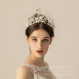 Crystal Spray Bridal Tiara Pearls Quinceanera Crown AC1092-Headpieces-Viniodress-Silver-Viniodress
