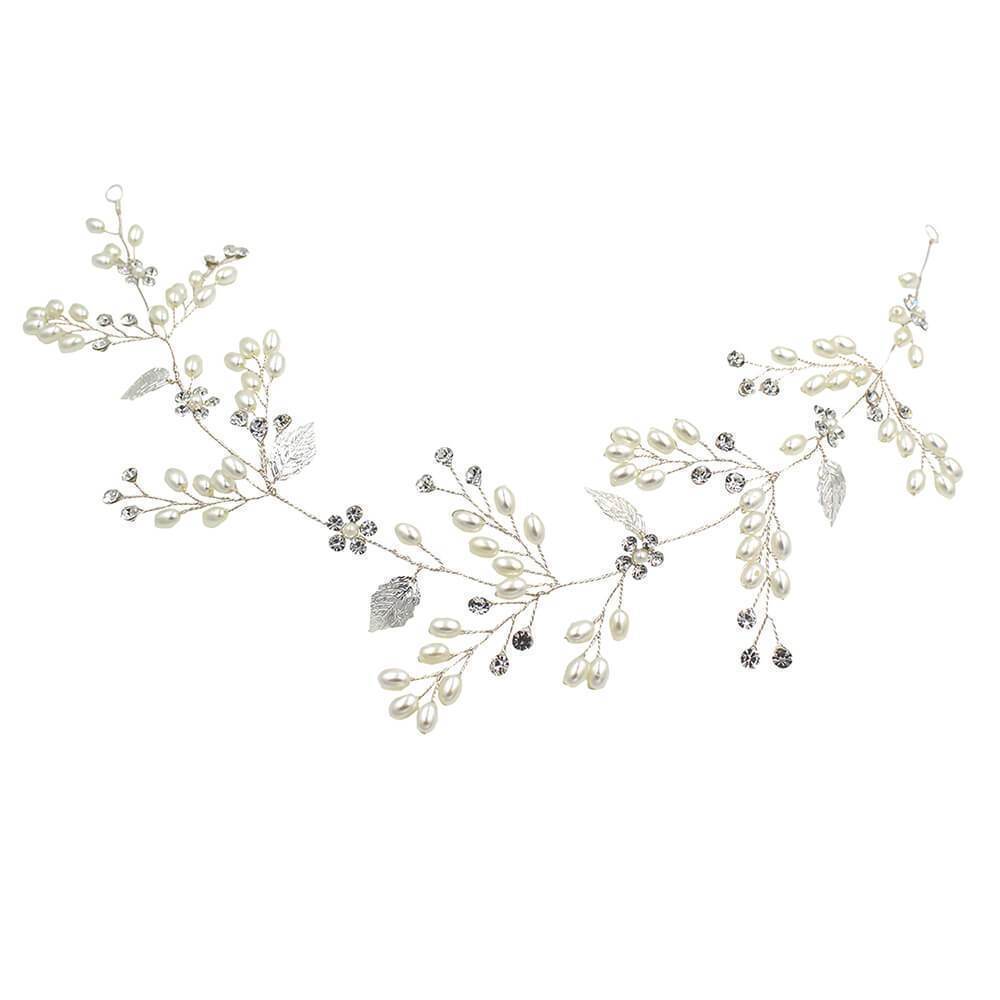 Crystal and Pearl Sprig Silver Bridal Headbands with Leaves ACC1118-Headpieces-Viniodress-Silver-Viniodress