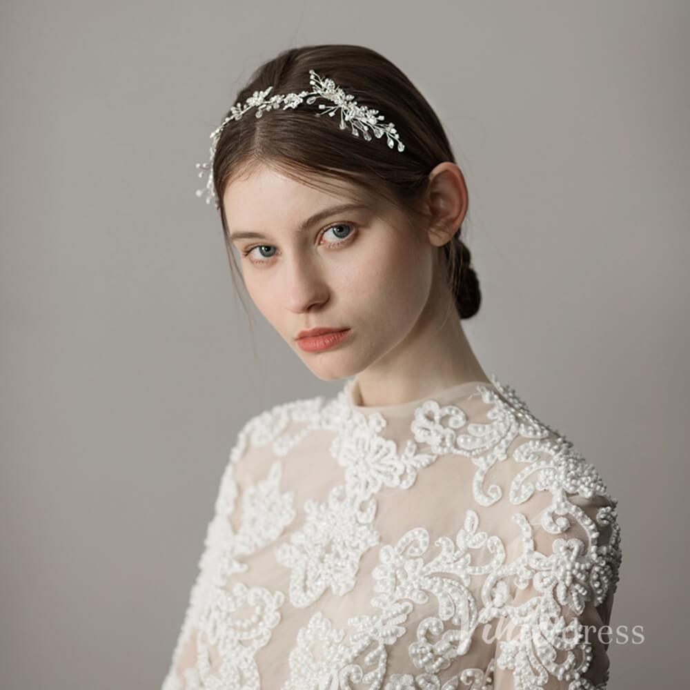 Crystal and Pearl Sprig Silver Headband with Combs ACC1139-Headpieces-Viniodress-Silver-Viniodress