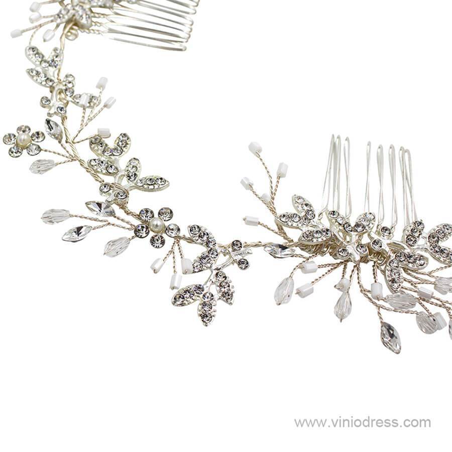 Crystal and Pearl Sprig Silver Headband with Combs ACC1139-Headpieces-Viniodress-Silver-Viniodress
