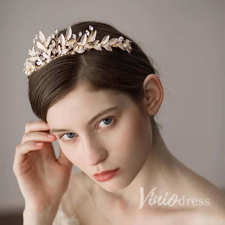 Crystals and Pearls Gold Tiaras with Leaves Viniodress AC1088-Headpieces-Viniodress-Gold-Viniodress