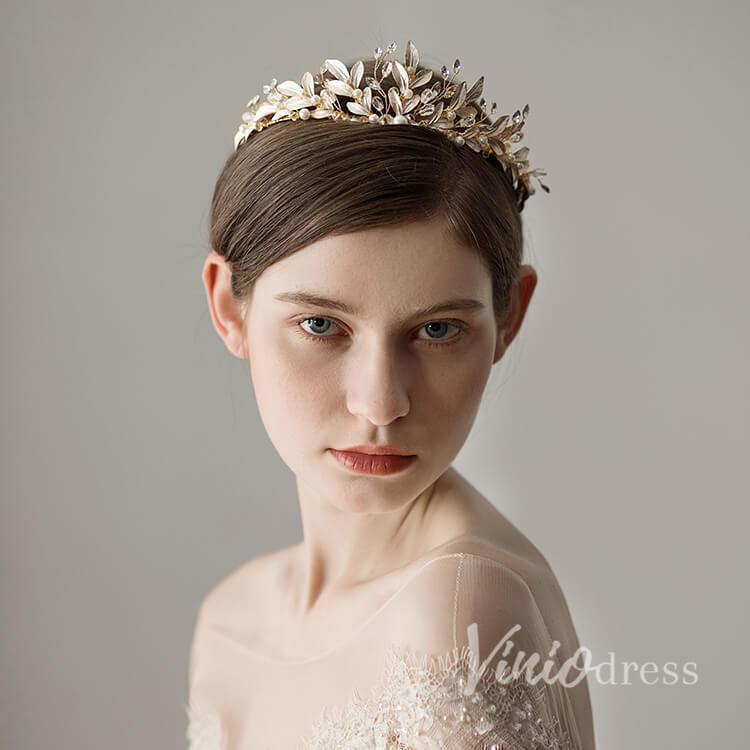 Crystals and Pearls Gold Tiaras with Leaves Viniodress AC1088-Headpieces-Viniodress-Gold-Viniodress