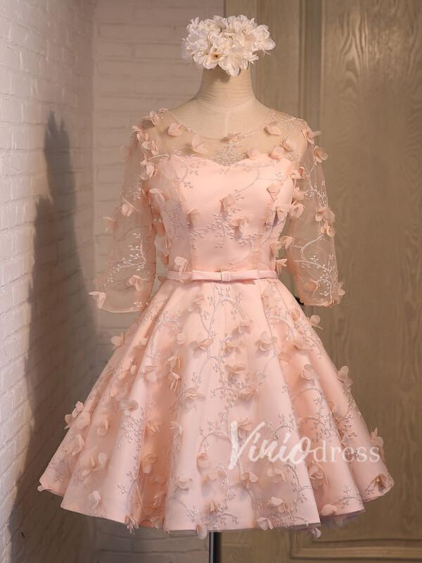 Cute Pink Floral Homecoming Dresses with Sleeves SD1031-homecoming dresses-Viniodress-Pink-Custom Size-Viniodress