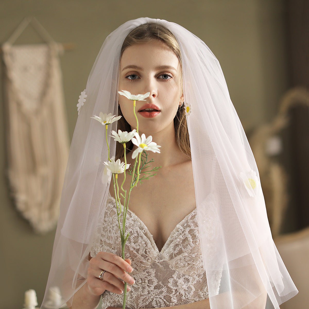 Daisy Bridal Veil with Blusher Elbow Lenght Veil-Accessories 2025 -Viniodress-Ivory-