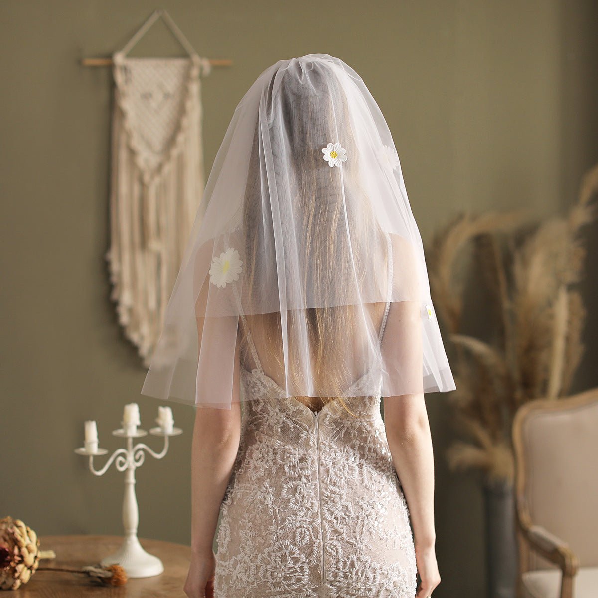 Daisy Bridal Veil with Blusher Elbow Lenght Veil-Accessories 2025 -Viniodress-Ivory-