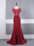 Dark Red Beaded Mermaid Prom Dresses Cap Sleeve Formal Dress FD2485-prom dresses-Viniodress-As Picture-Custom Size-Viniodress