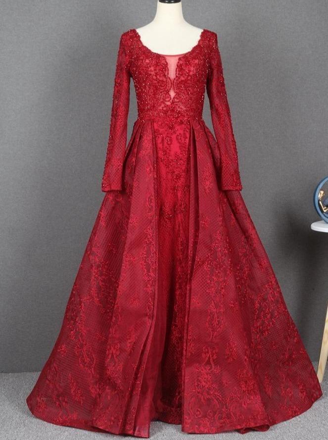 Dark Red Lace Prom Dresses Long Sleeve Formal Dress FD2500-prom dresses-Viniodress-As Picture-Custom Size-Viniodress