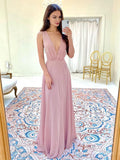 Deep V-neck Pink Chiffon Bridesmaid Dresses Long Wedding Guest Dress FD2524