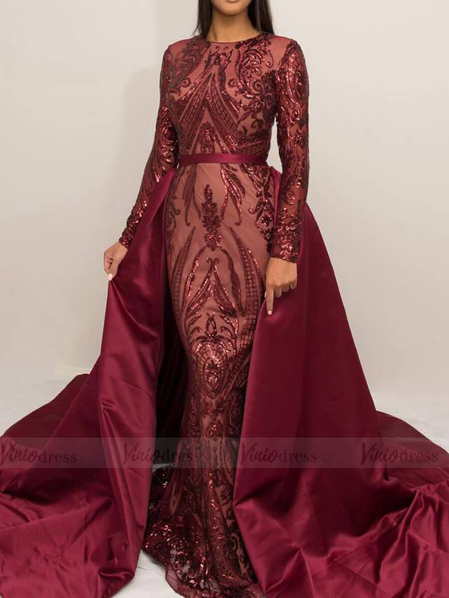 Detachable Burgundy Sequin Prom Dresses with Long Sleeves FD1633-prom dresses-Viniodress-Burgundy-Custom Size-Viniodress