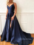 Double Strap V Neck Navy Blue Satin Prom Dresses with Slit FD1820