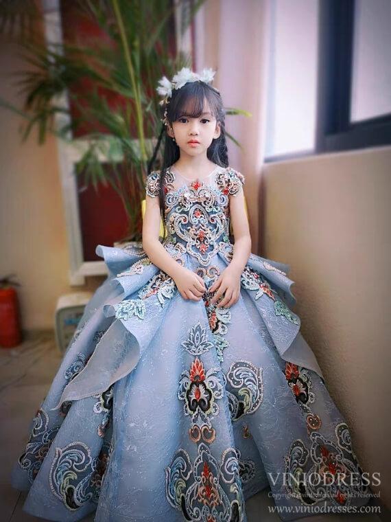 Dusty Blue Lace Ball Gown for Kids Beaded Princess Dresses FD2269C-Girls Prom Dresses-Viniodress-As Picture-Custom Size-Viniodress