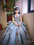 Dusty Blue Lace Ball Gown for Kids Beaded Princess Dresses FD2269C
