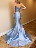 Dusty Blue Two Piece Mermaid Prom Dresses Spaghetti Strap V-Neck FD2027B