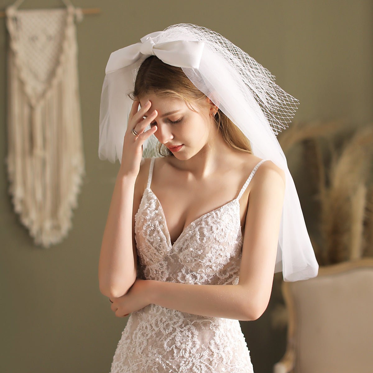 Elbow Length Mesh Veil with Bow-Accessories 2025 -Viniodress-Ivory-