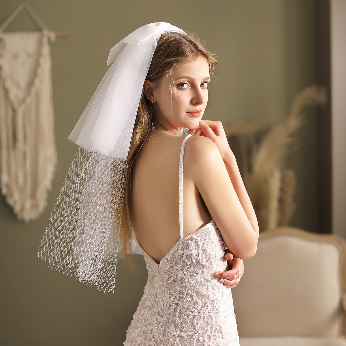 Elbow Length Mesh Veil with Bow-Accessories 2025 -Viniodress-Ivory-