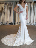 Elegant Fit and Flare Lace Wedding Dresses Cap Sleeve Mermaid Dress VW1430