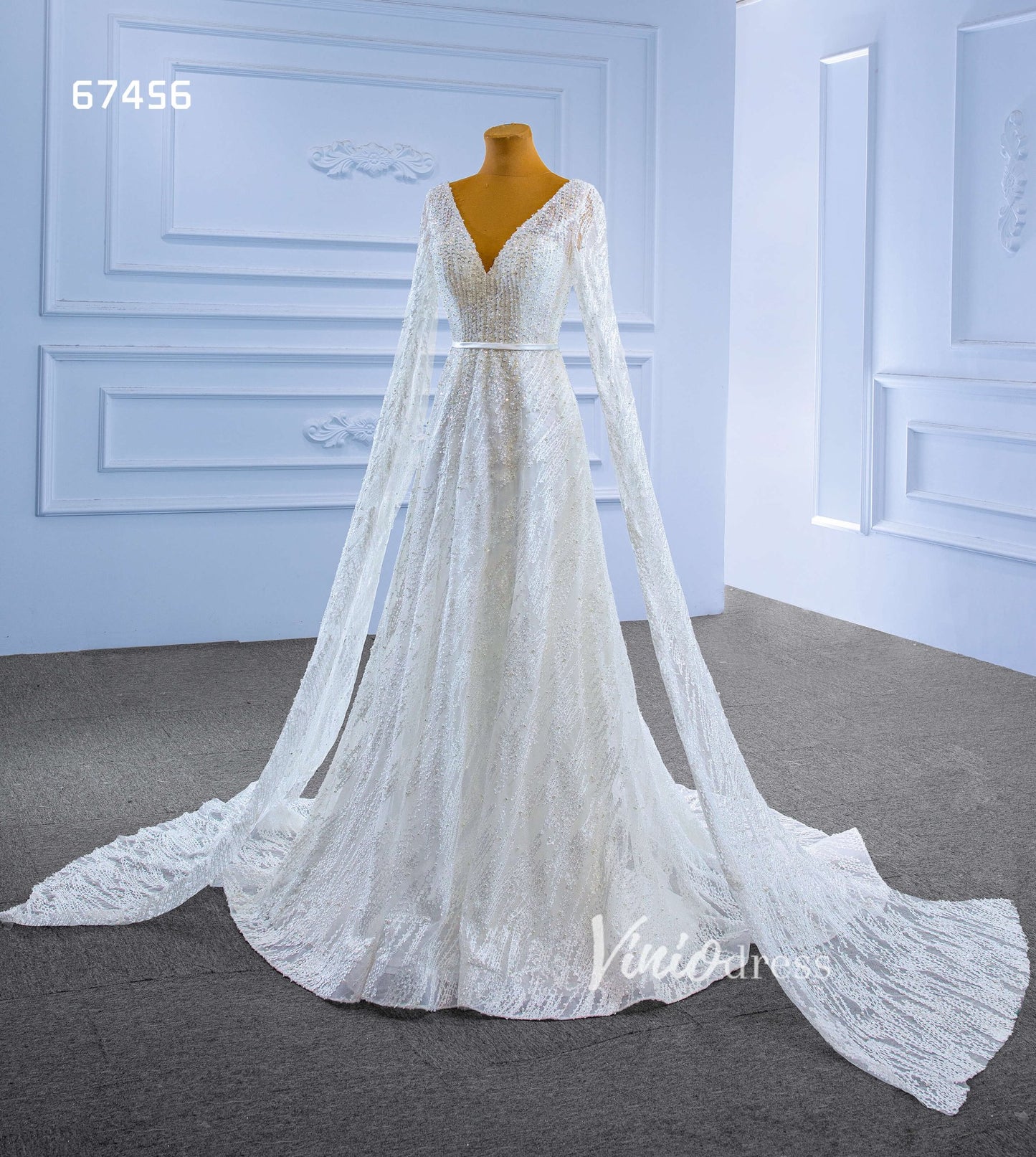 Extra Long Cape Sleeve Wedding Dresses A-line 67456-wedding dresses 2025 -Viniodress-Ivory-Custom Size-
