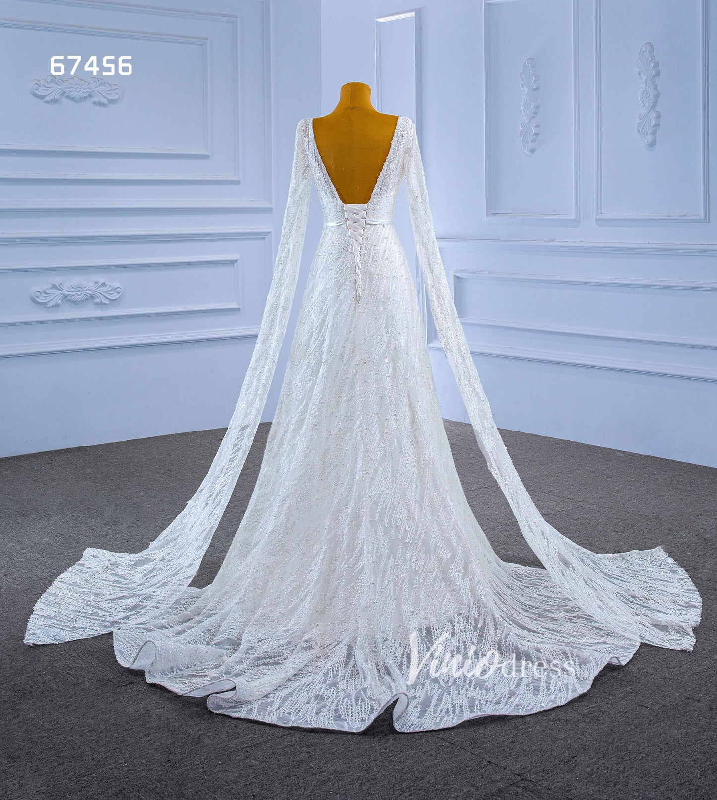 Extra Long Cape Sleeve Wedding Dresses A-line 67456-wedding dresses 2025 -Viniodress-Ivory-Custom Size-