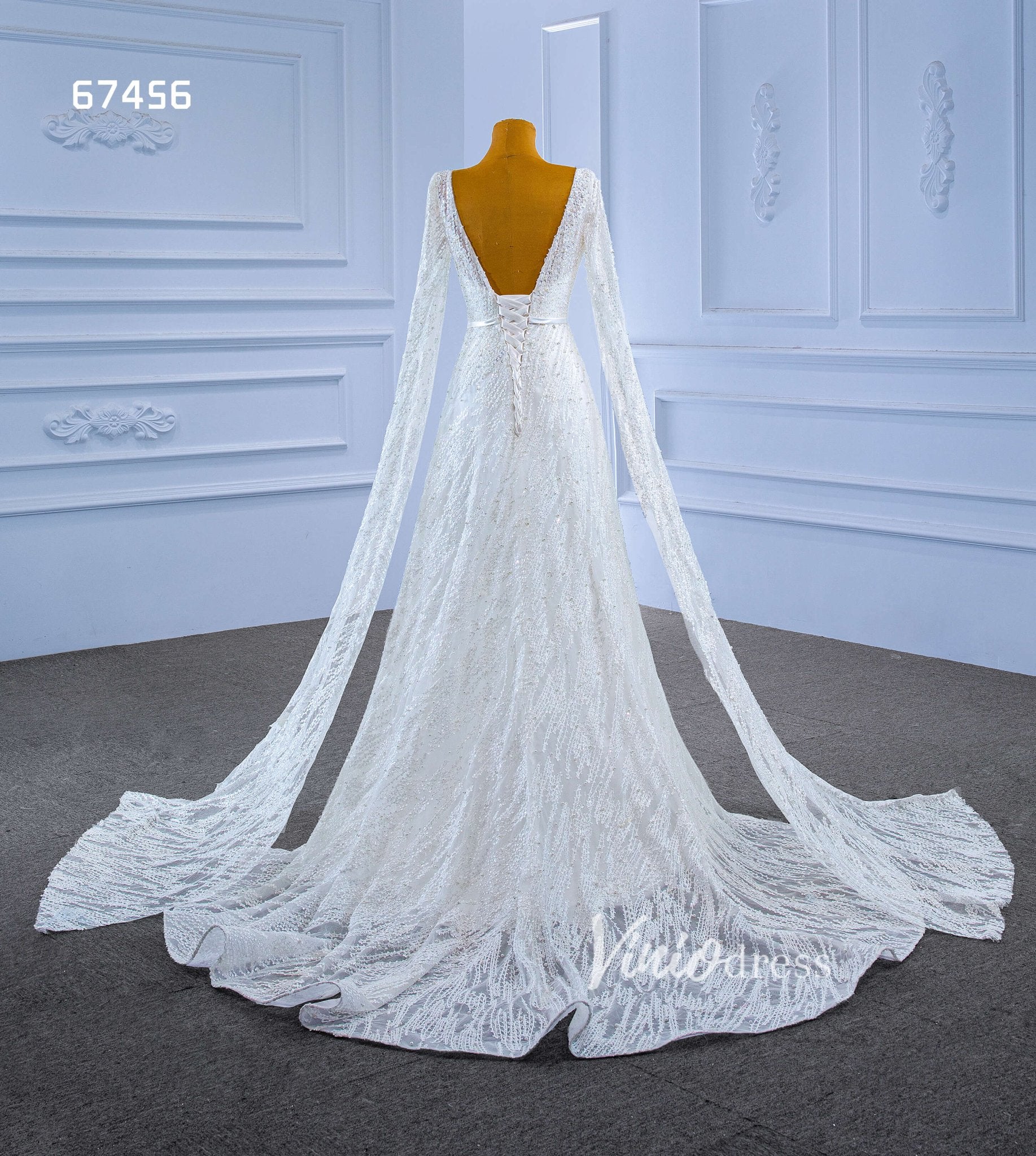 Extra Long Cape Sleeve Wedding Dresses A-line 67456-wedding dresses 2025 -Viniodress-Ivory-Custom Size-