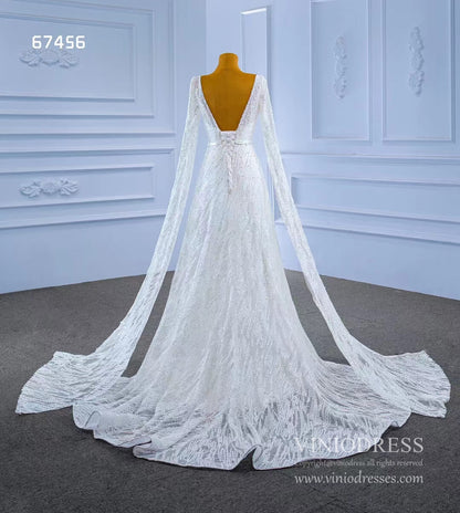 Extra Long Cape Sleeve Wedding Dresses A-line 67456-wedding dresses 2025 -Viniodress-Ivory-Custom Size-