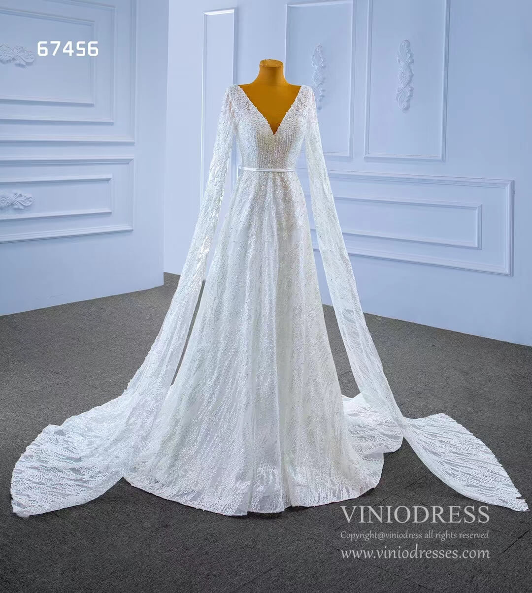 Extra Long Cape Sleeve Wedding Dresses A-line 67456-wedding dresses 2025 -Viniodress-Ivory-Custom Size-