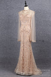 Extra Long Sleeve Beaded Gold Prom Dresses Cape Sleeve FD2609