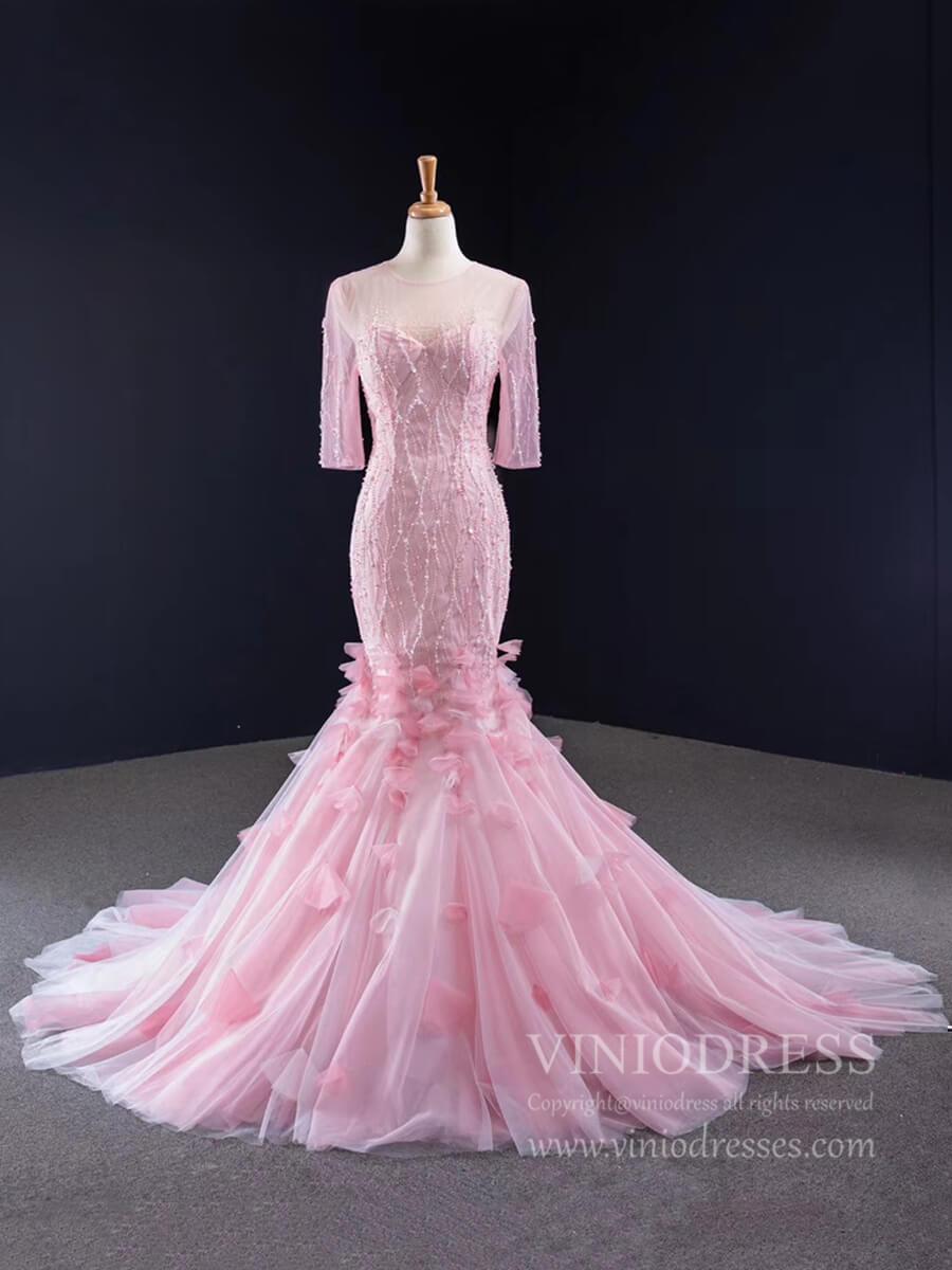 Fairy Pink Mermaid Prom Dresses with Sleeves Beaded Pageant Dress FD1393-prom dresses-Viniodress-Pink-US 2-Viniodress