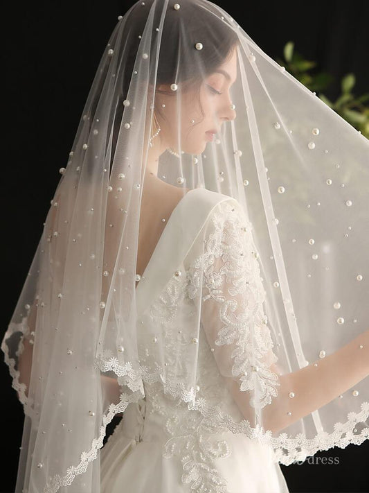 Fingertip Length Bridal Veil Pearls Lace Blusher Veils Viniodress AC1299-Bridal Veil 2025 -Viniodress-Ivory-