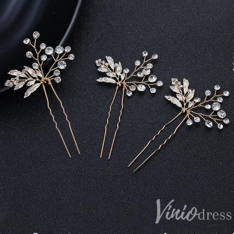 Gold Bridal Comb & Hairpins with Crystals and Metal Leaves ACC1160-Headpieces-Viniodress-Hairpins/3pcs-Viniodress